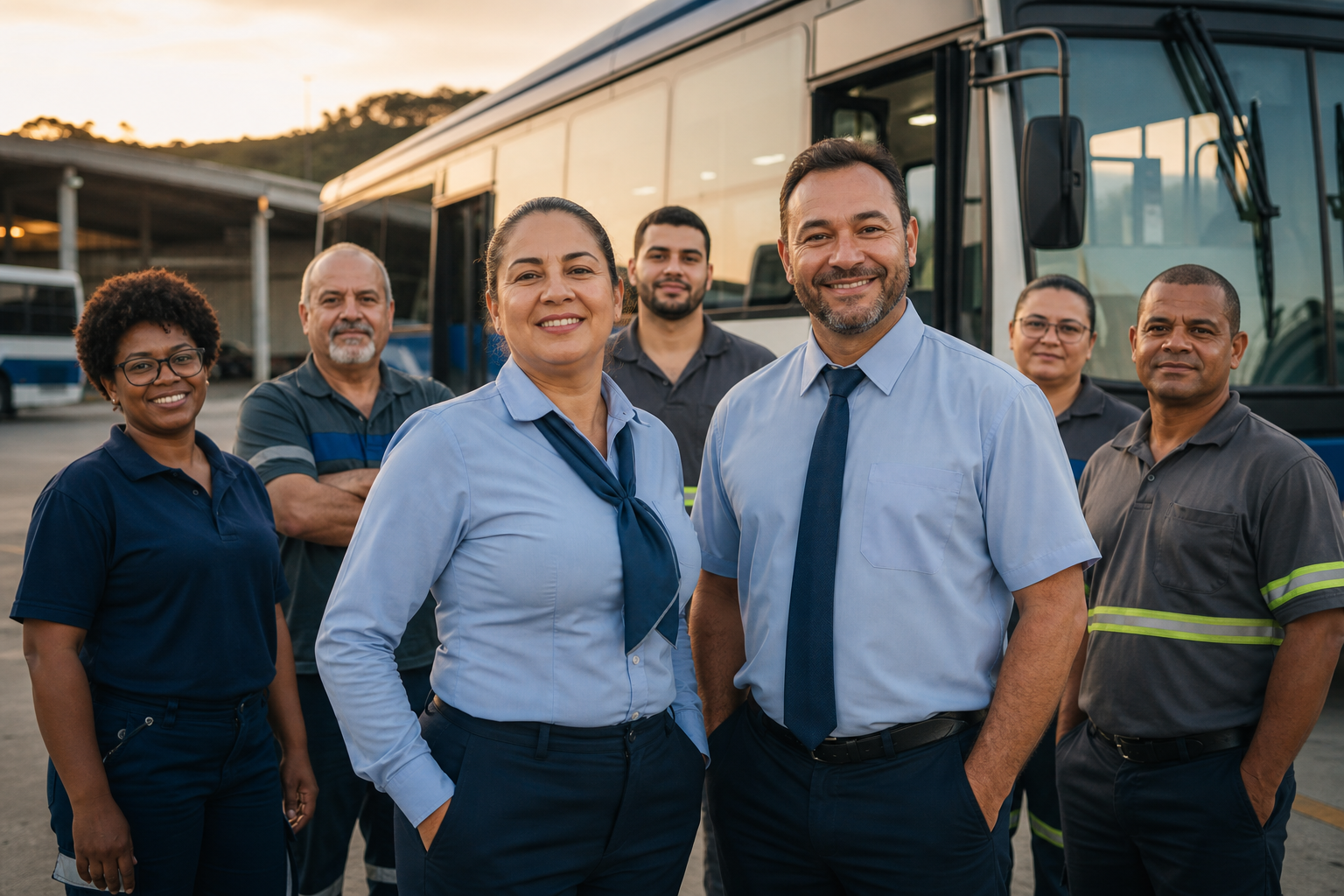 Equipe diversa da Marisul com uma motorista e um motorista diante de um ônibus